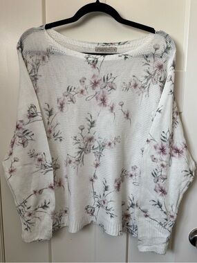 White Floral Crewneck Sweater with Pink Blossoms